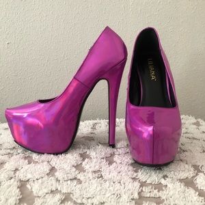 metallic hologram pink platform stiletto heels 6in